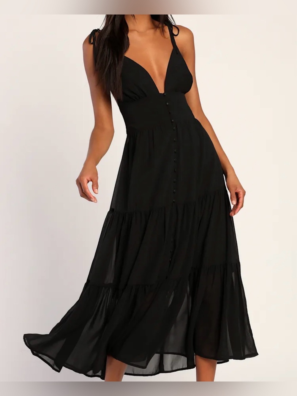 Lulu’s Everlasting Sight Black Tie Midi Tiered Dress Size Large